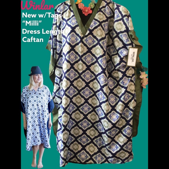 🌸NWT WINLAR MILLI” GEO BLUE & GREEN COVERUP CAFTAN DRESS - Picture 10 of 15